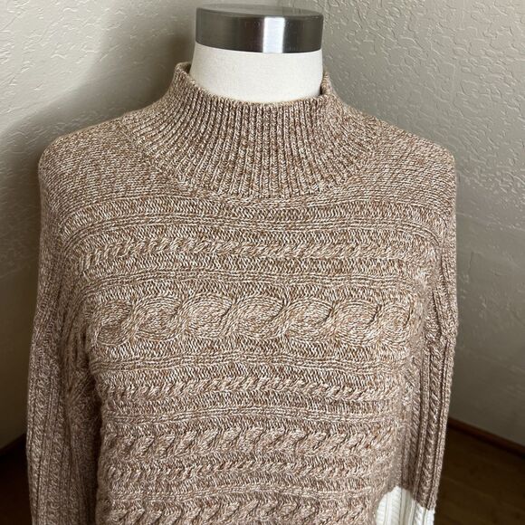 Talbots Sweater Womens Large Brown Cream Cable Knit Mock Neck ColorBlock - Picture 3 of 9